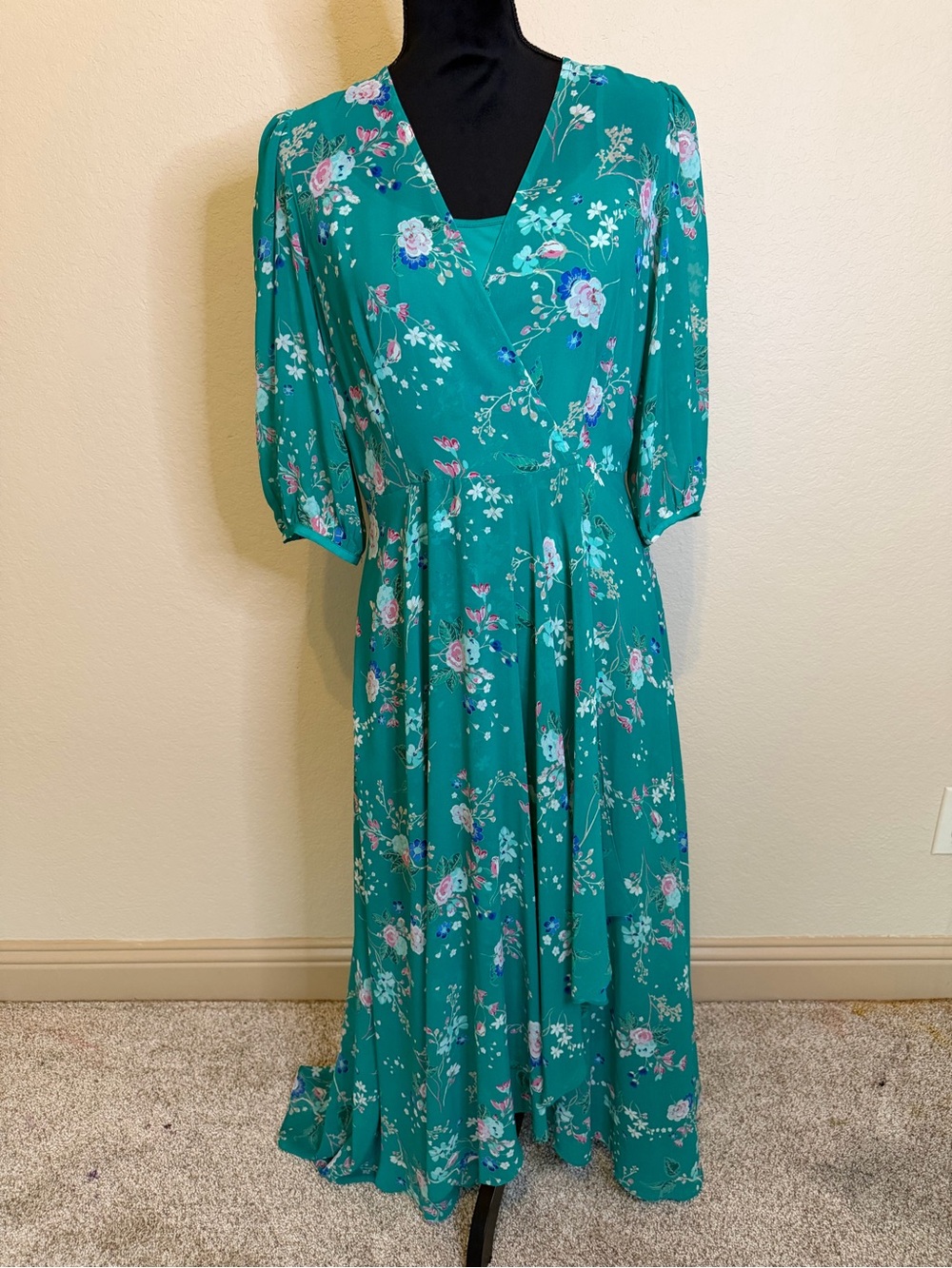 Calvin Klein Teal Floral V-Neck Maxi Hi Low Dress Sz 10